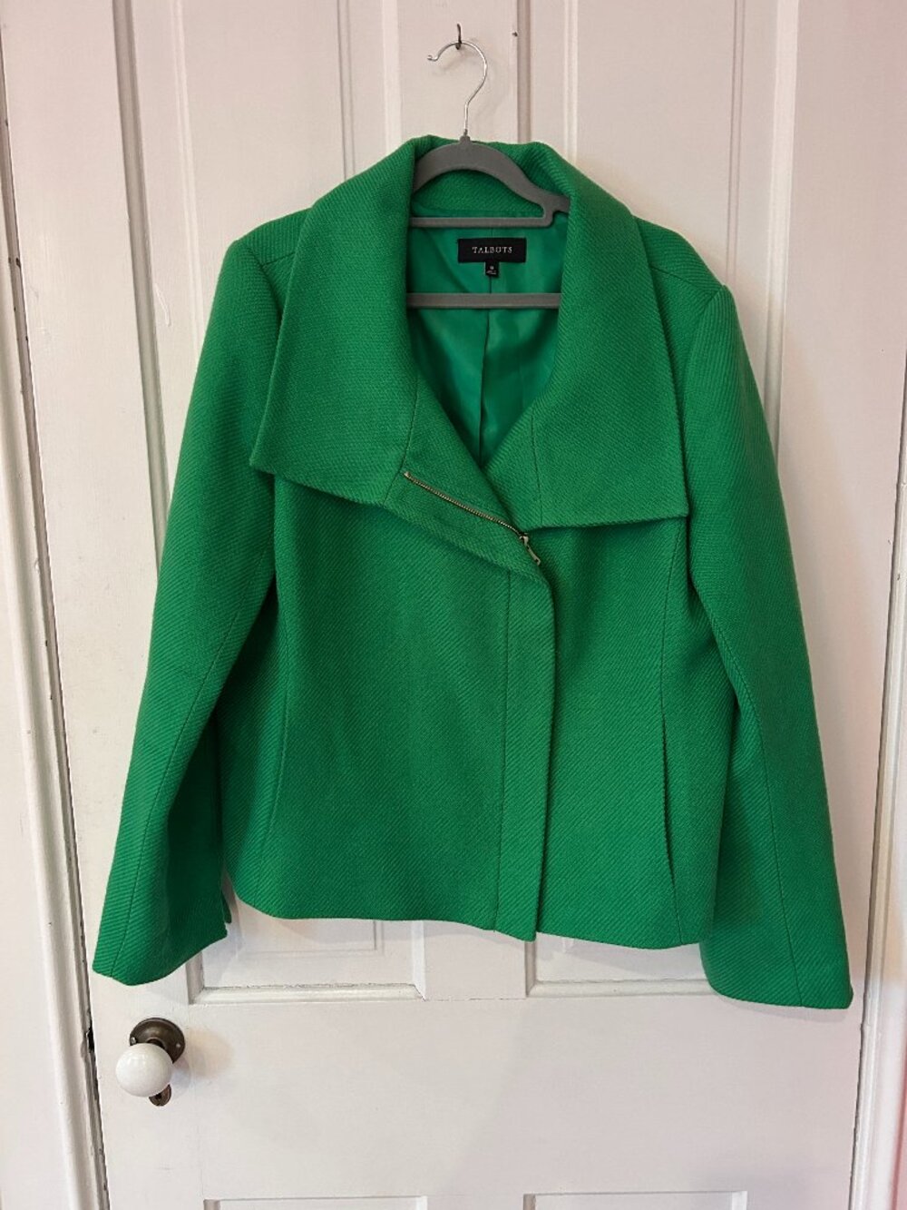 Talbots Kelly Green Wool Blend Asymmetric Zip Jacket Funnel Collar Size 18